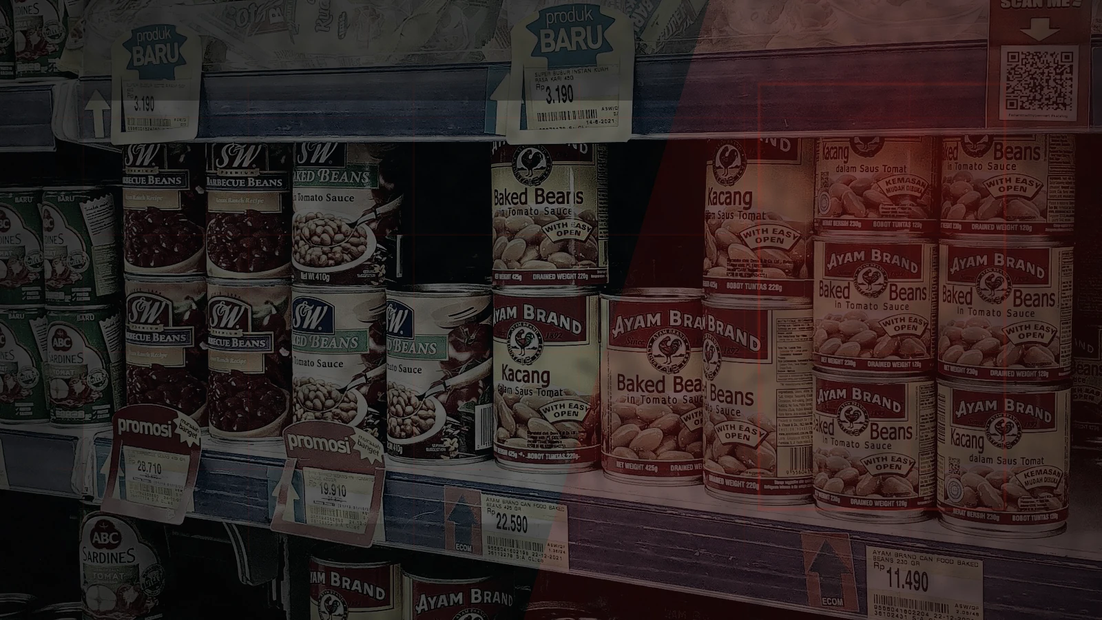 Shelves of canned and packaged foods representing a planned thirty-day household emergency food reserve