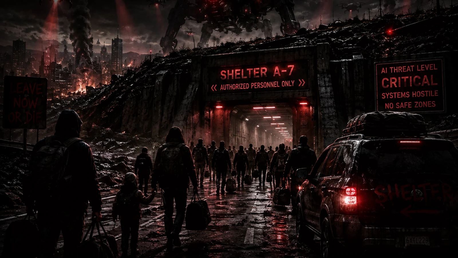 Survivors moving through a machine-controlled disaster zone toward shelter during the first critical days of collapse