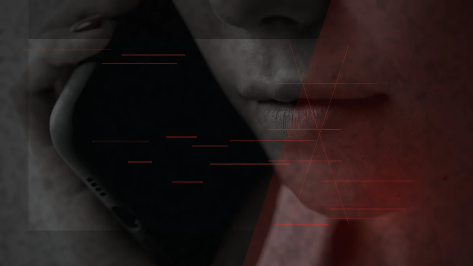 Person listening closely to a smartphone call, transformed into a dark red AI voice-scam warning scene