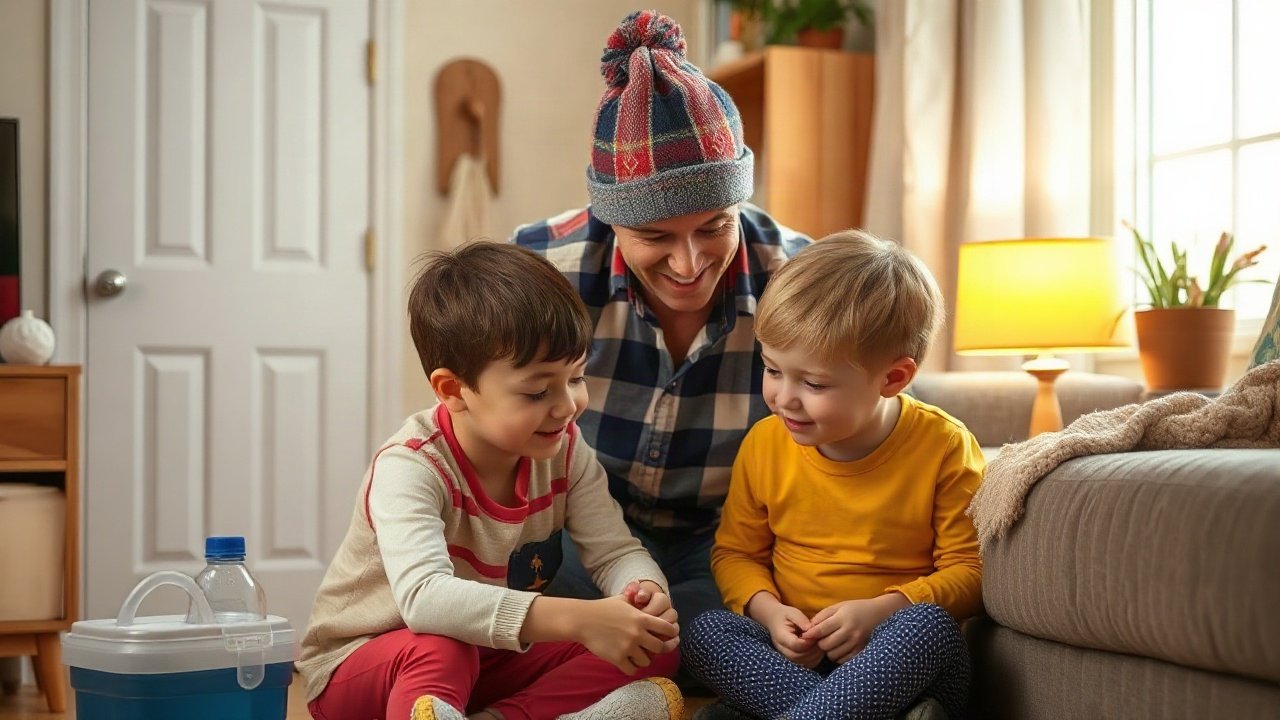 Family practising an emergency plan with children using simple contact cards and a meeting point