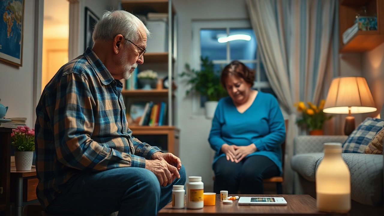 Older adult and family member reviewing medication, contacts and backup power for emergencies
