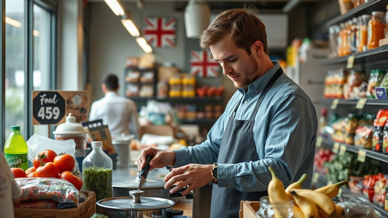 Organised UK emergency pantry with shelf-stable foods, labels and normal household quantities