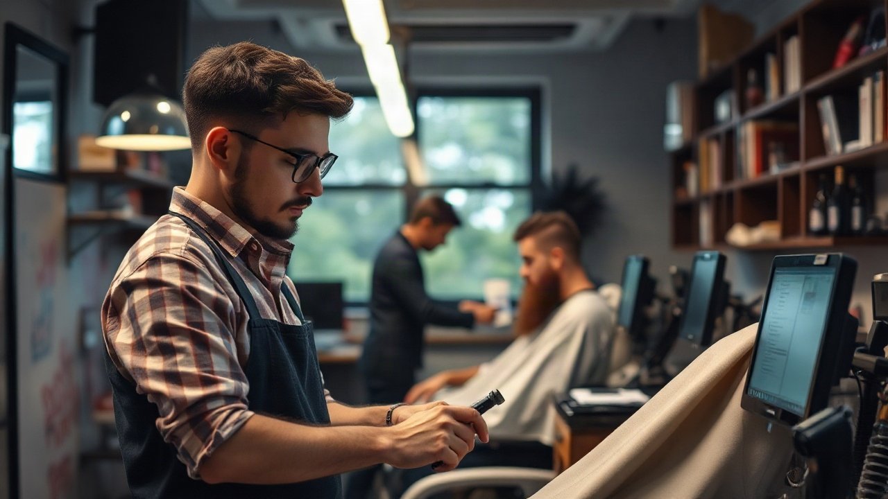 Barbers using AI-assisted tools while handling role-specific work