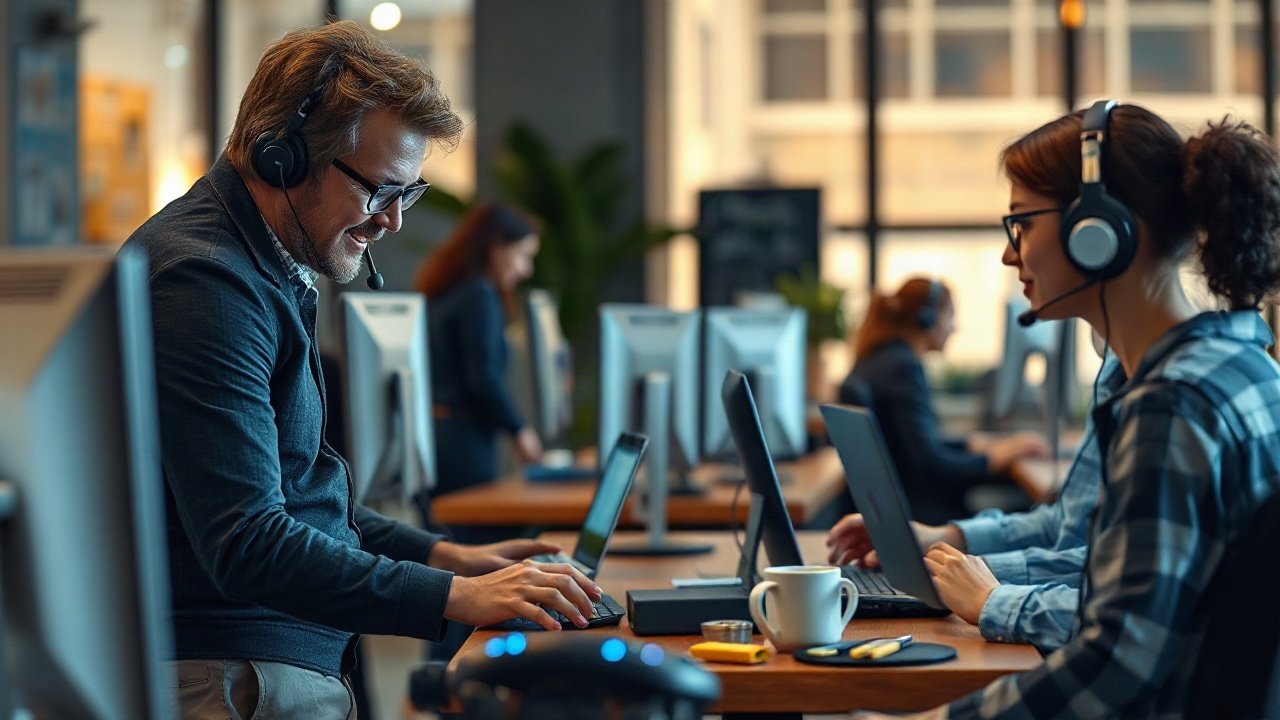 Customer service team supervising AI chat and voice automation while handling complex escalations