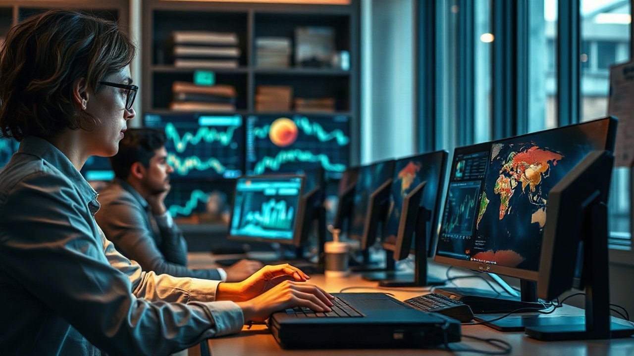 Finance professionals reviewing AI-assisted forecasts, accounting controls and risk dashboards