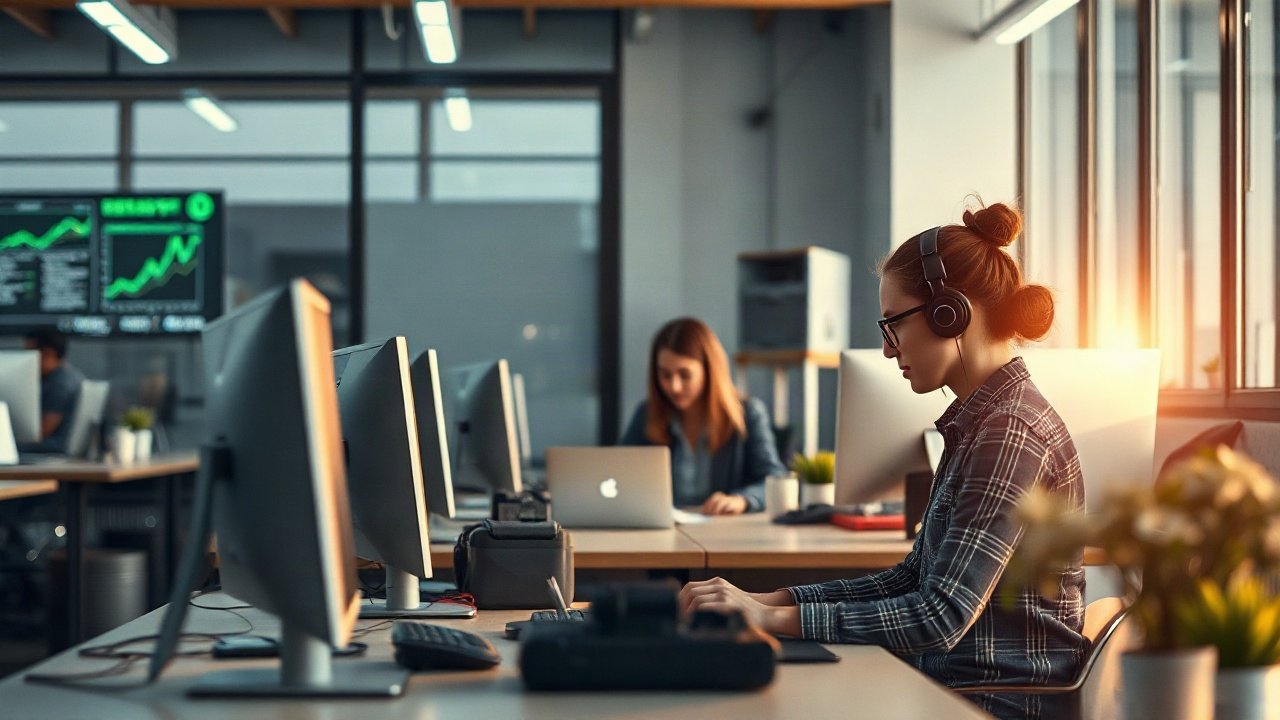 HR professional reviewing AI-assisted workforce insights while meeting with employees around a table