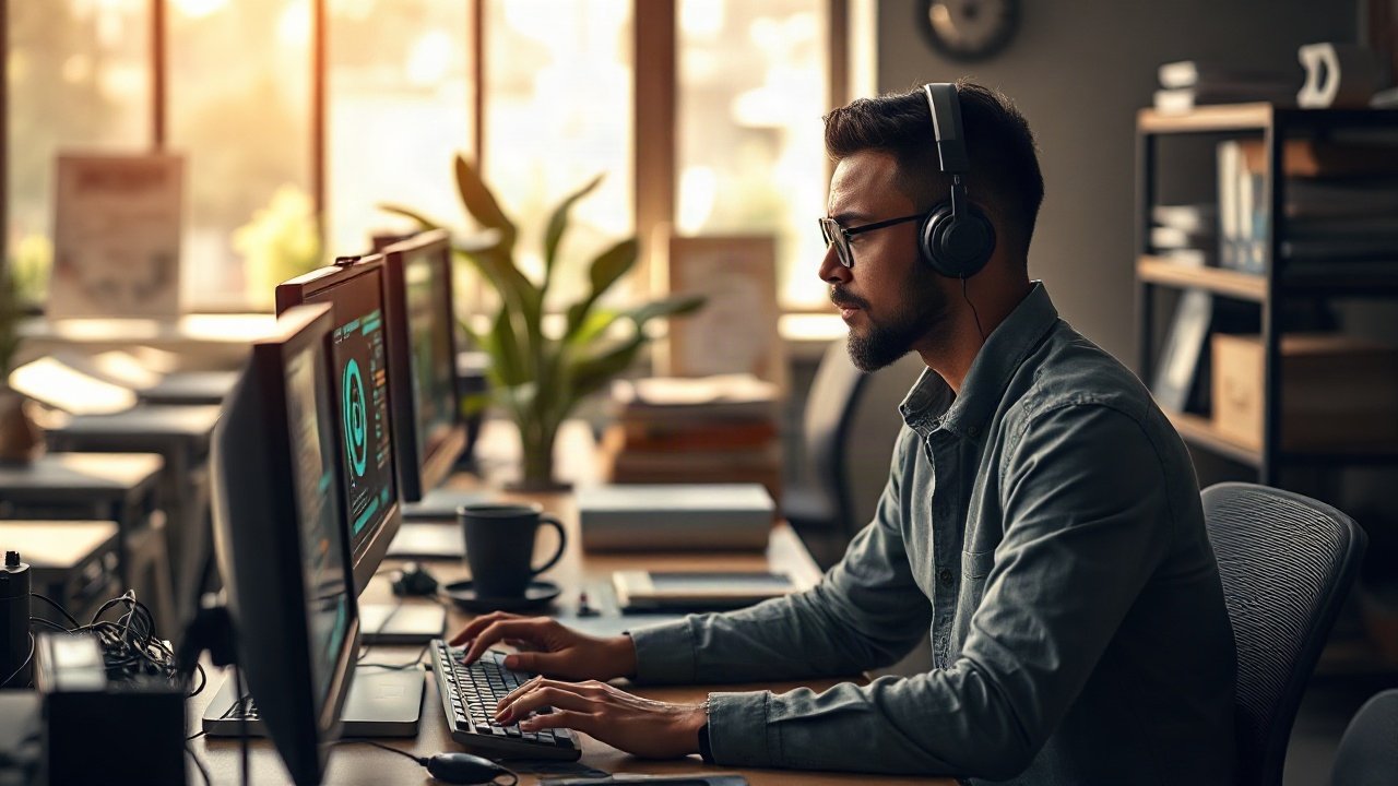 Online creator filming content while AI-assisted editing and synthetic media tools run nearby