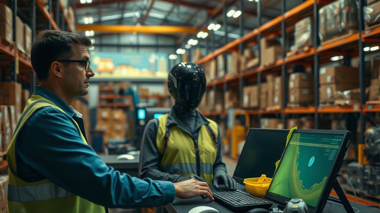 Logistics planner supervising AI-assisted routing, warehouse flows and live supply-chain exceptions