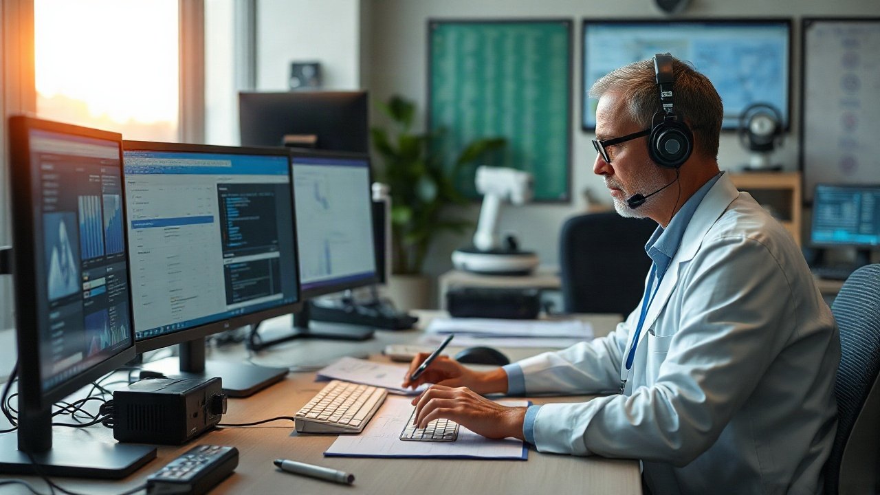 Medical billing and coding specialist reviewing AI-generated codes and claim exceptions against clinical records