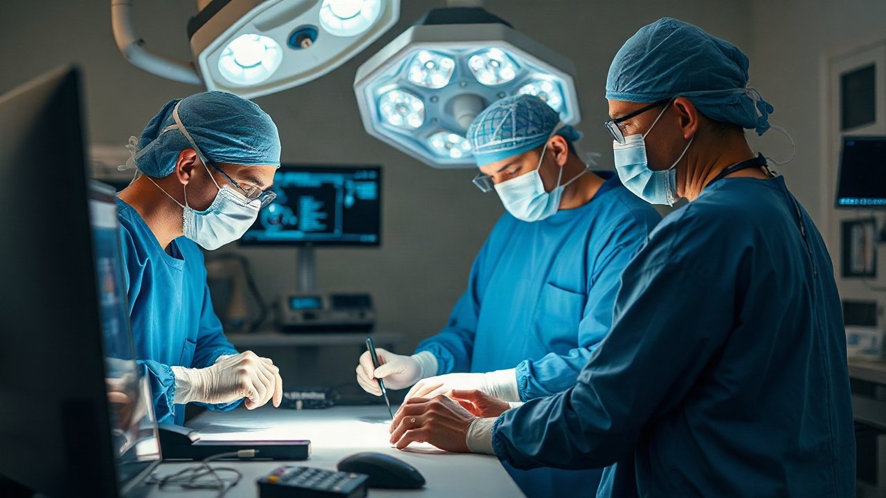 Neurosurgeon reviewing AI-assisted brain imaging and robotic surgical planning before an operation