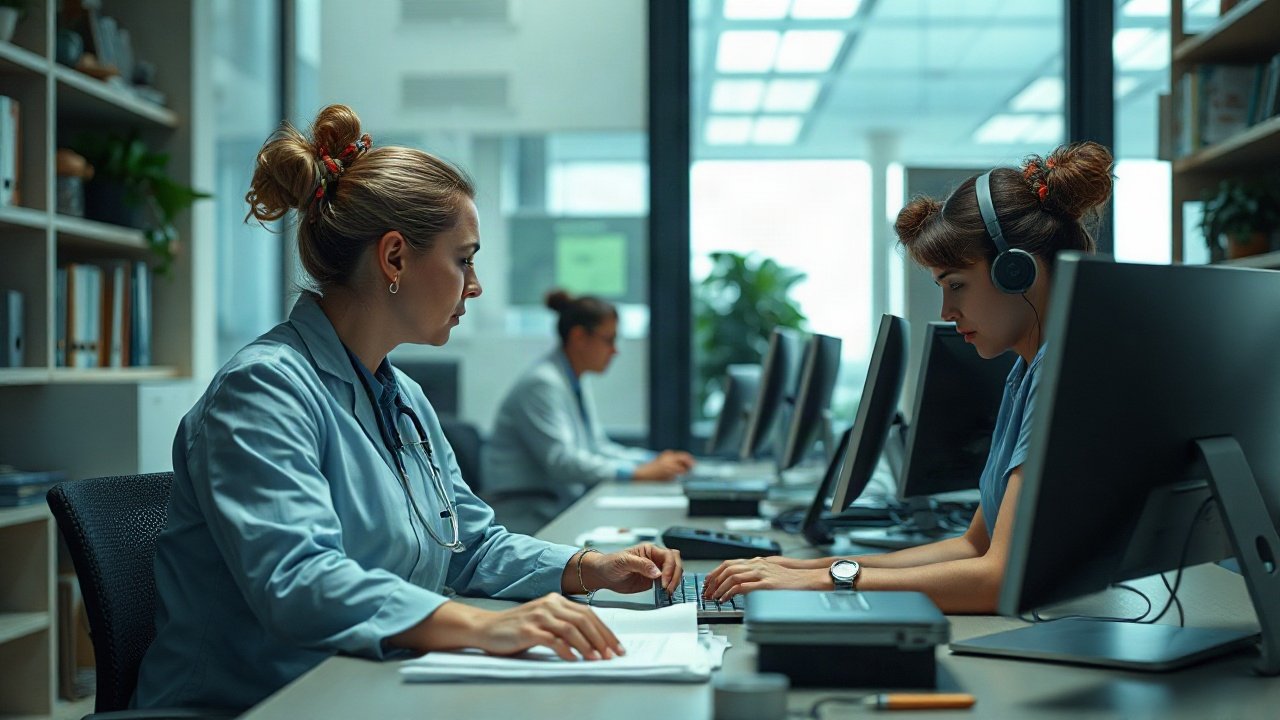 Advanced nurse practitioner reviewing AI-supported clinical information while consulting with a patient