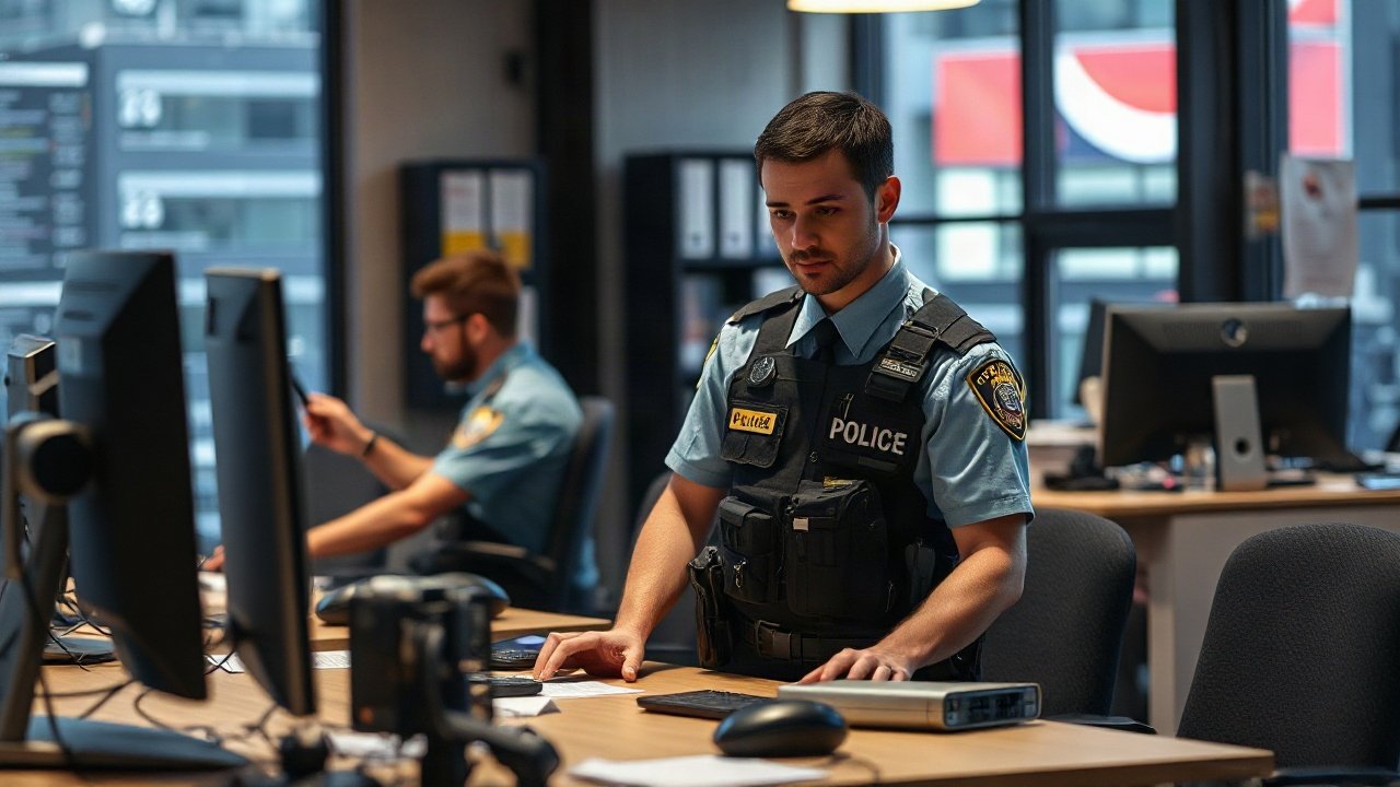 Police officer reviewing an AI-supported case summary before frontline deployment