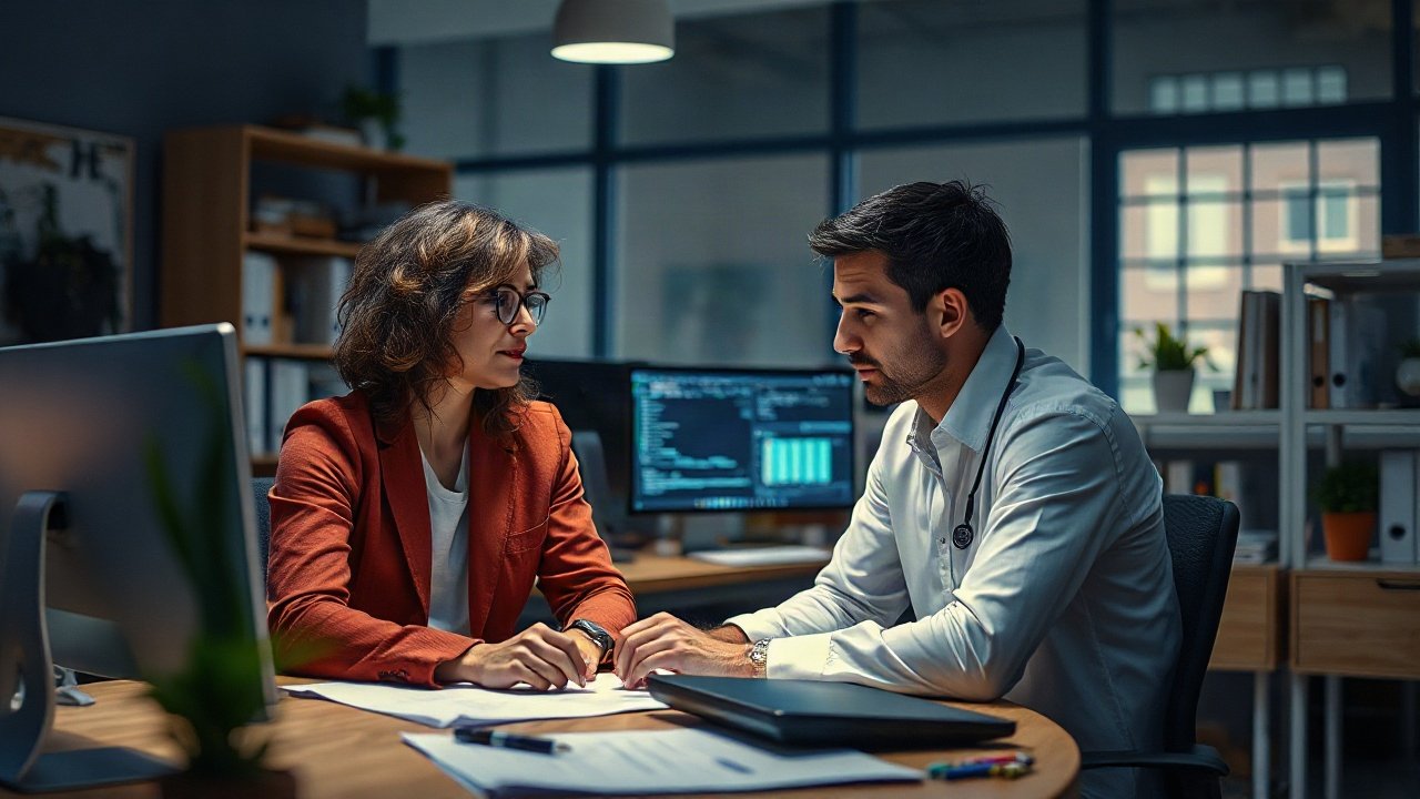 Psychologist reviewing AI-assisted clinical notes while speaking with a client
