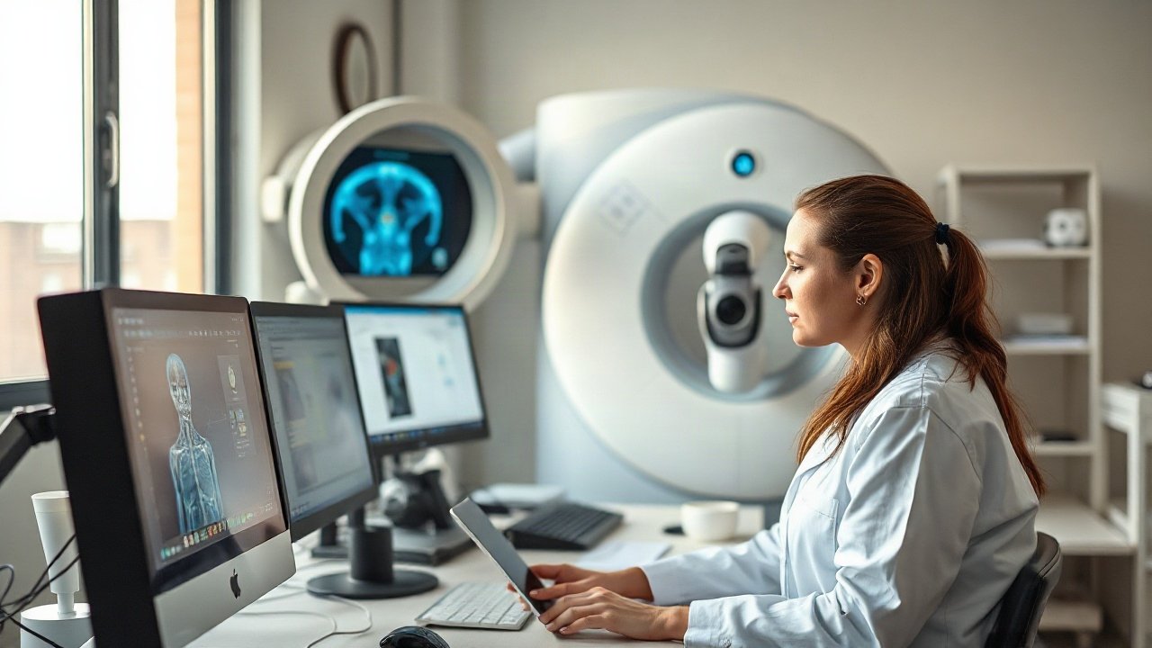 Radiographer positioning a patient while AI-assisted imaging and quality tools run on the scanner console