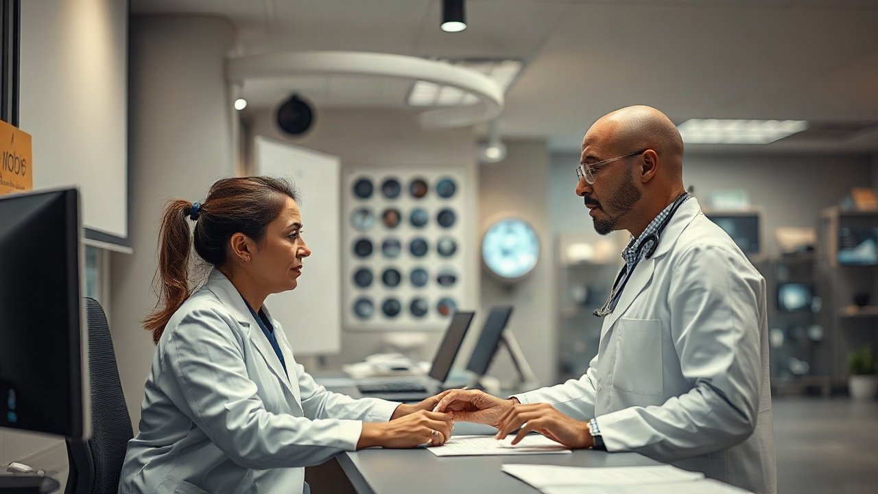 Radiologist reviewing an AI-highlighted medical scan with clinical information