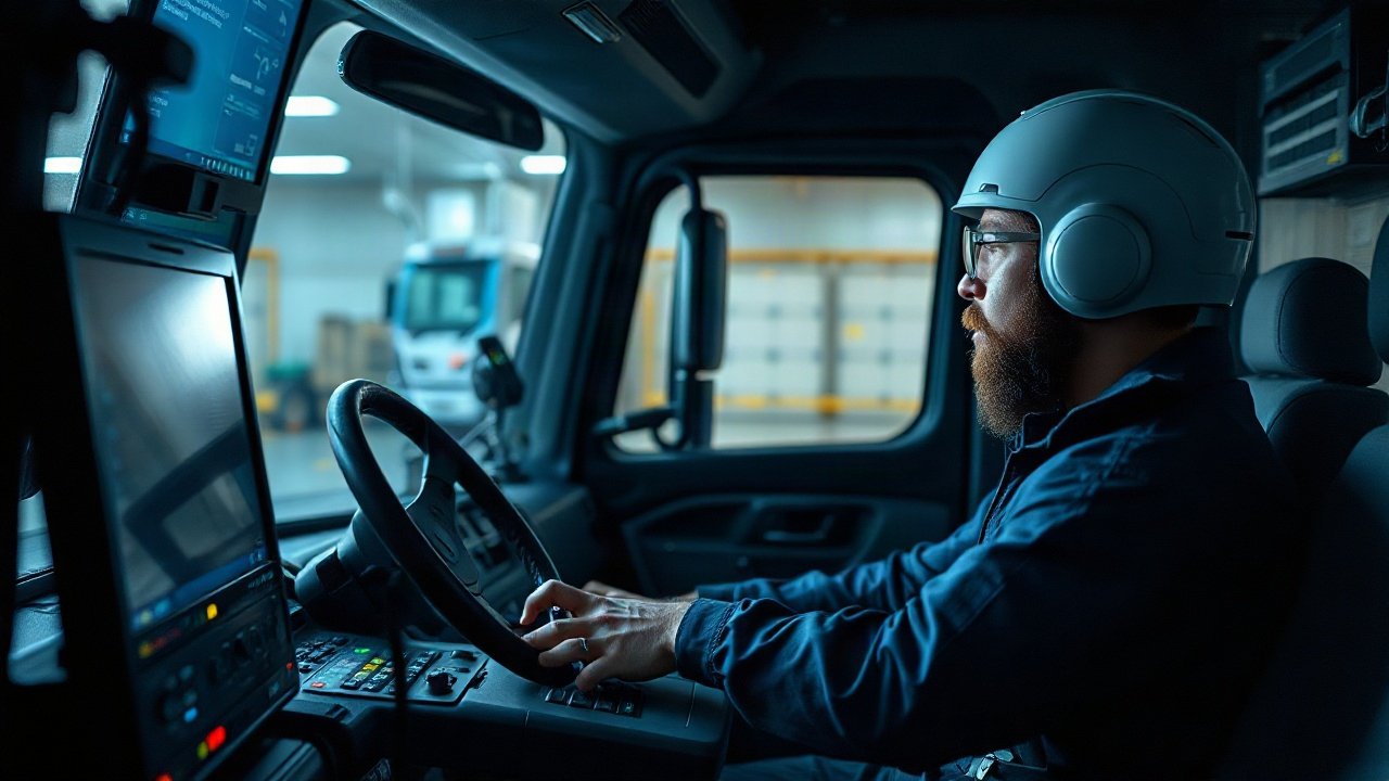 HGV driver beside an autonomous freight truck at a logistics depot