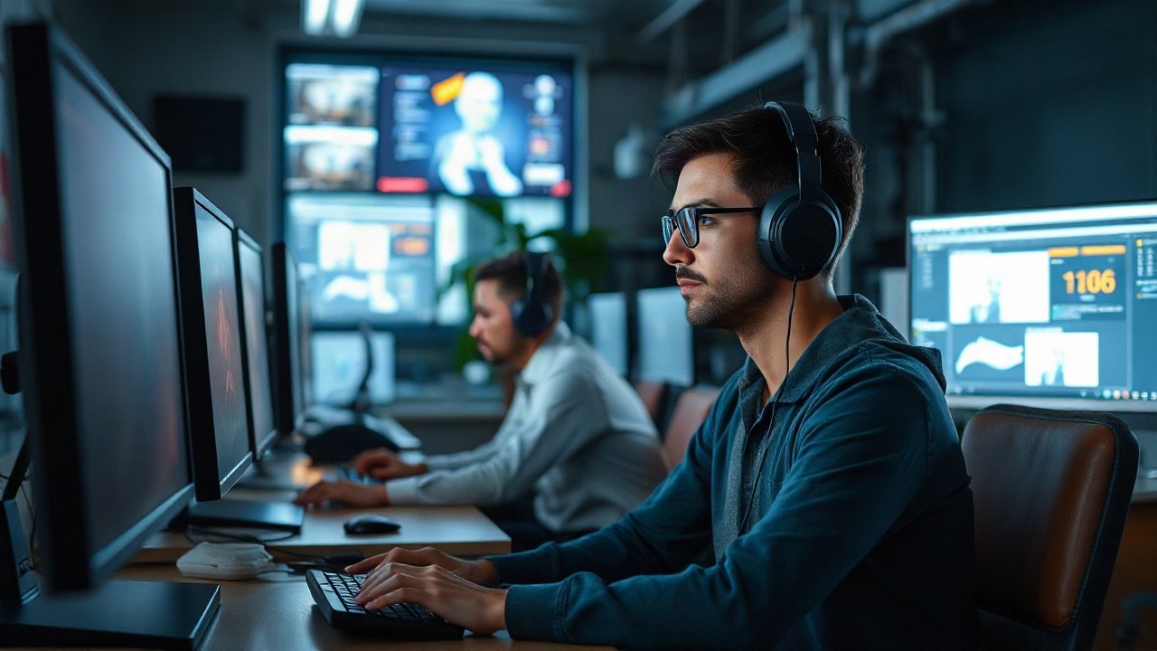 Voice actor recording in a studio while an AI voice-cloning waveform appears on a monitor