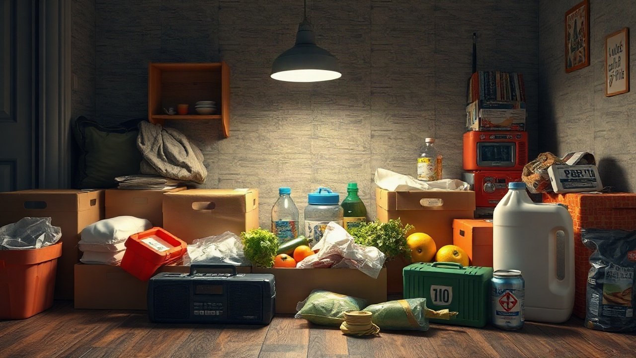 UK emergency-supplies checklist laid out beside ordinary household equipment