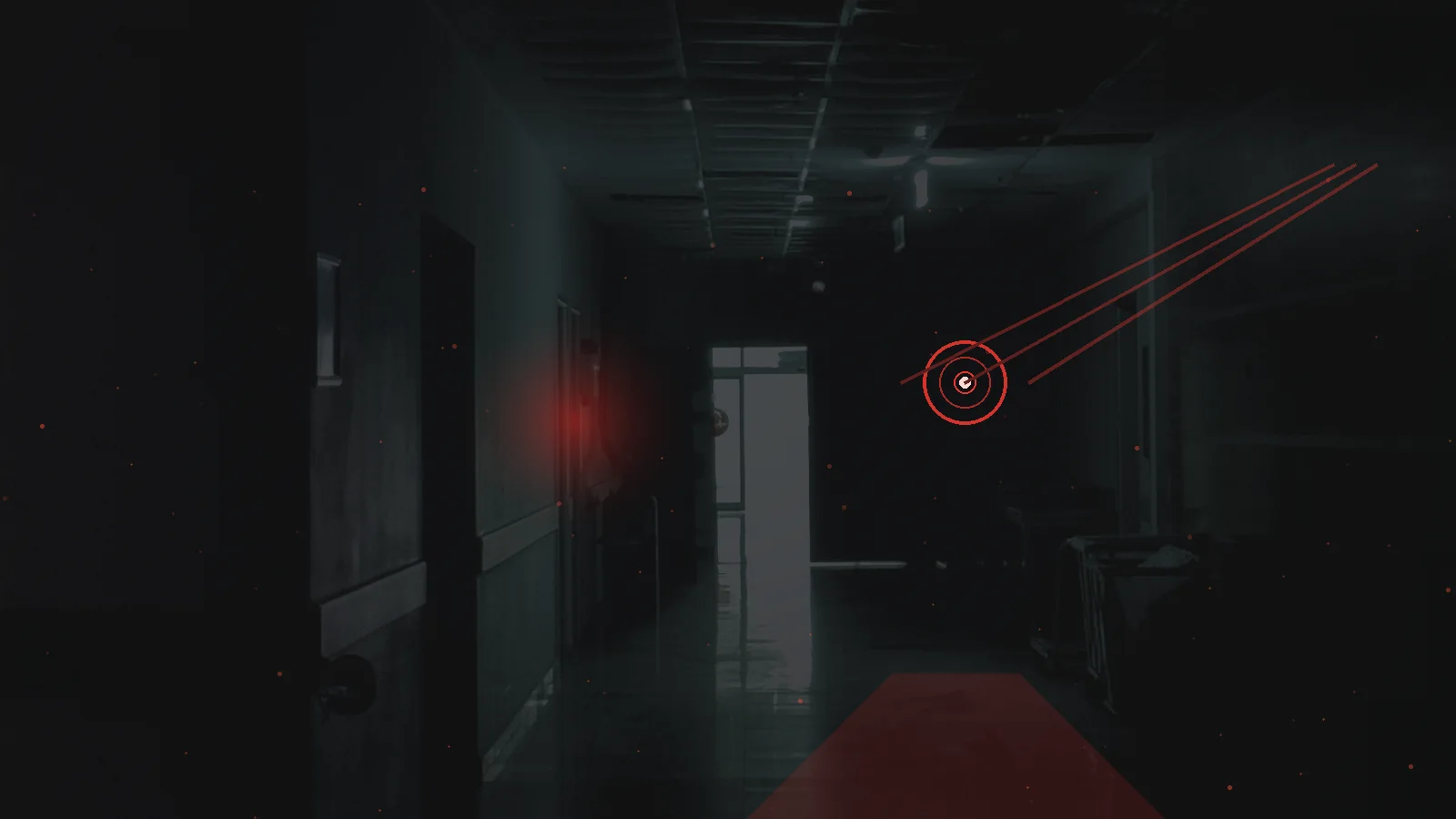A dark containment corridor breached by an ominous red-lit autonomous presence