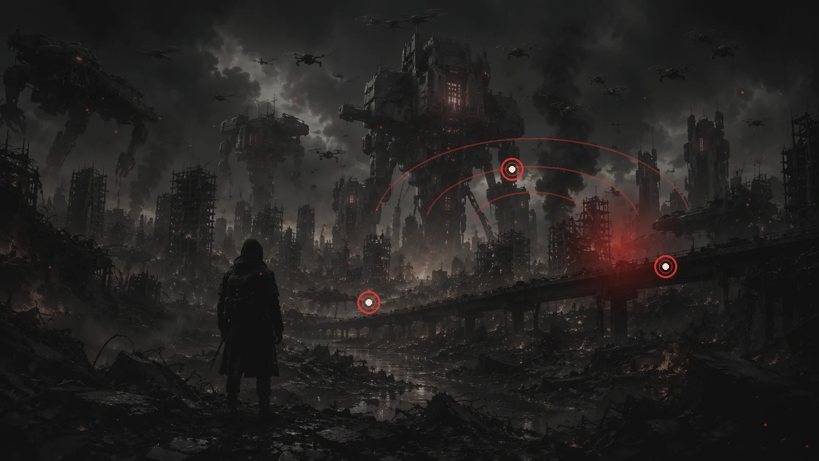 A lone survivor facing an enormous AI-controlled machine civilisation across a ruined city