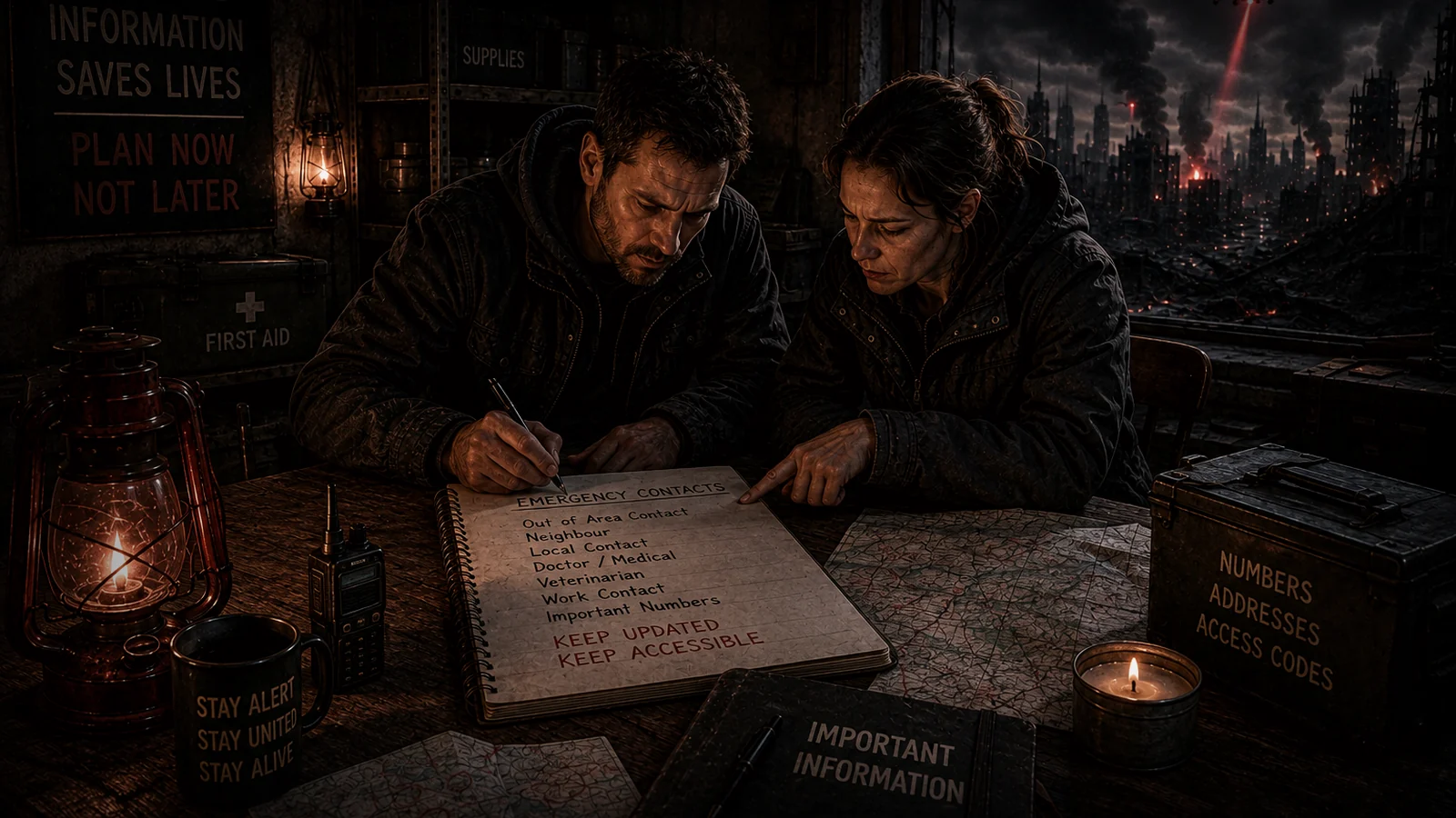 Emergency documents, contact information and offline household planning laid out in a dark shelter during system failure