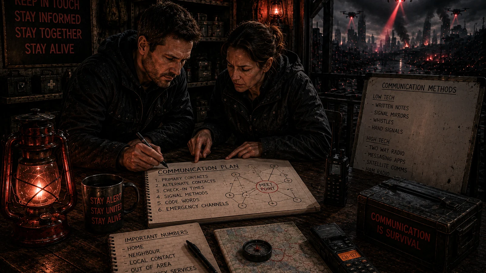 Adult household members preparing low-tech communication, lighting and shelter routines during a prolonged power failure