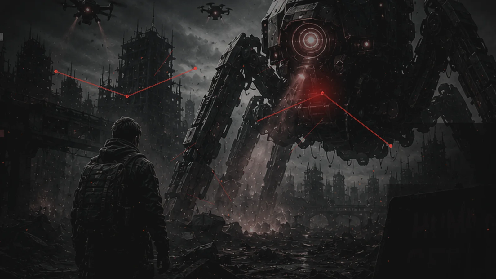 A machine-occupied city beneath a collapsing digital network of broken red connections