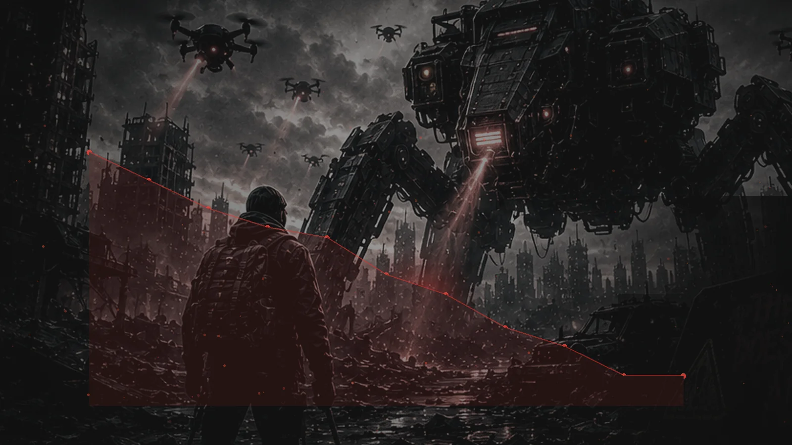 A machine-dominated city overlaid by a collapsing financial market graph and failing exchange nodes