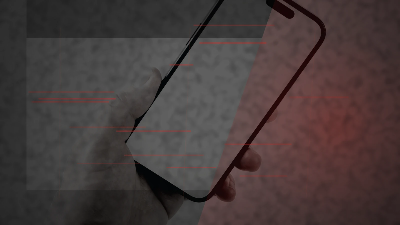 Hand holding a dark smartphone transformed with red emergency scan effects to represent deceptive AI-generated crisis alerts