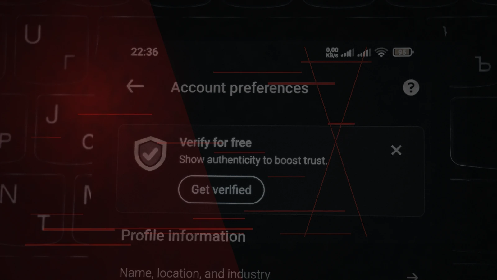 Account verification screen transformed with red scan effects to represent deepfake and identity verification risk