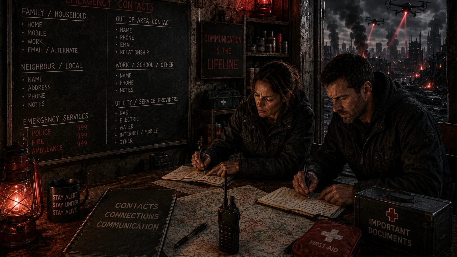 Adults organising essential contacts, medical information and support arrangements inside a lantern-lit emergency shelter