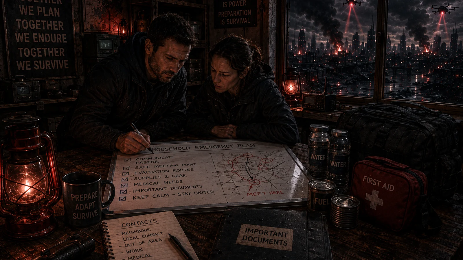 Two adults building a written household emergency plan beside maps, first-aid supplies and a drone-patrolled ruined city
