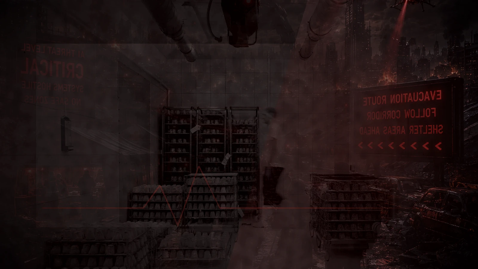 Perishable food and emergency rations under red blackout lighting while the city outside remains in AI-driven collapse