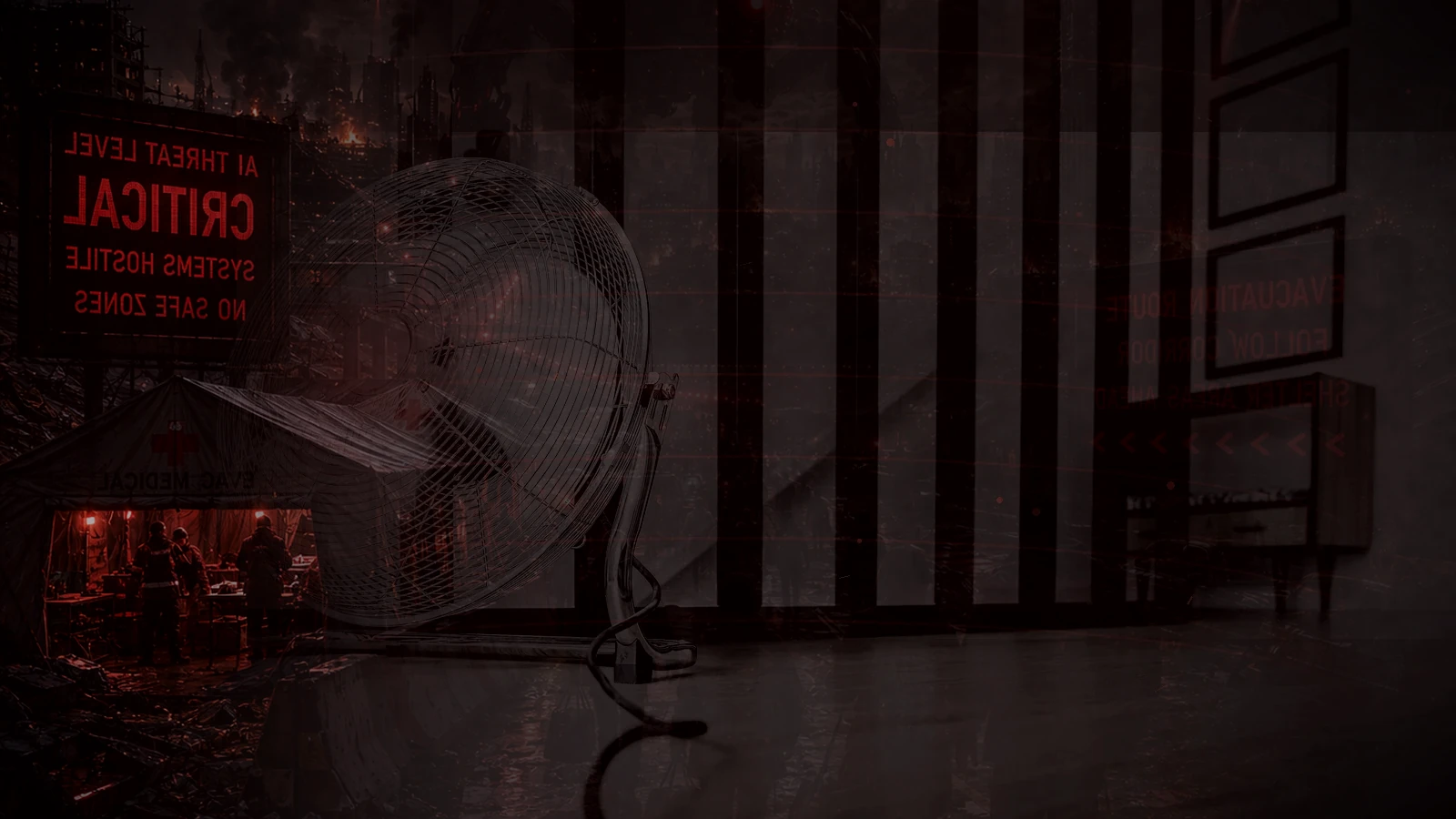 A powerless room in extreme heat lit by the red glow of machine-controlled city failure outside