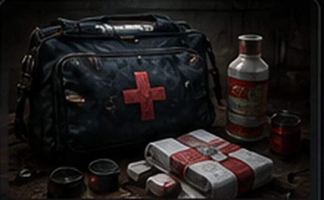 Emergency medical bag and first aid supplies in a dark field setting