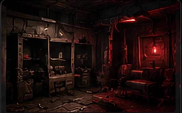 Fortified emergency shelter lit by red backup lighting