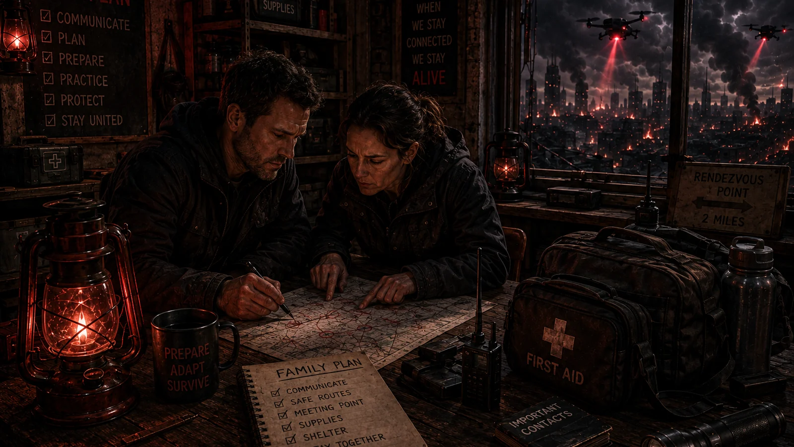 Two adults reviewing a low-profile household safety plan inside a dark shelter as drones sweep the powerless city outside