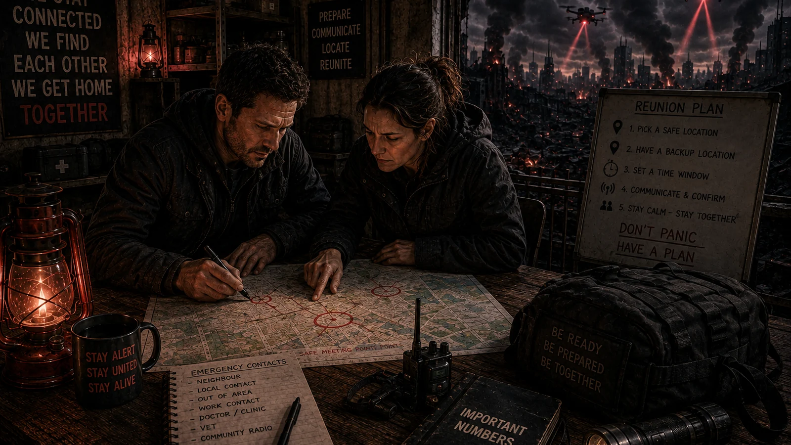 Two adults coordinating local contacts, check-ins and support from a prepared shelter during a wider systems collapse