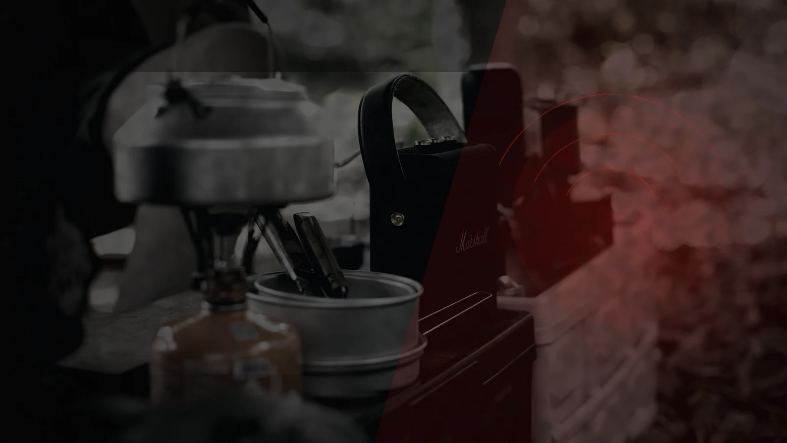 Compact camp kitchen gear and ready-to-eat supplies arranged for an emergency when normal cooking is unavailable