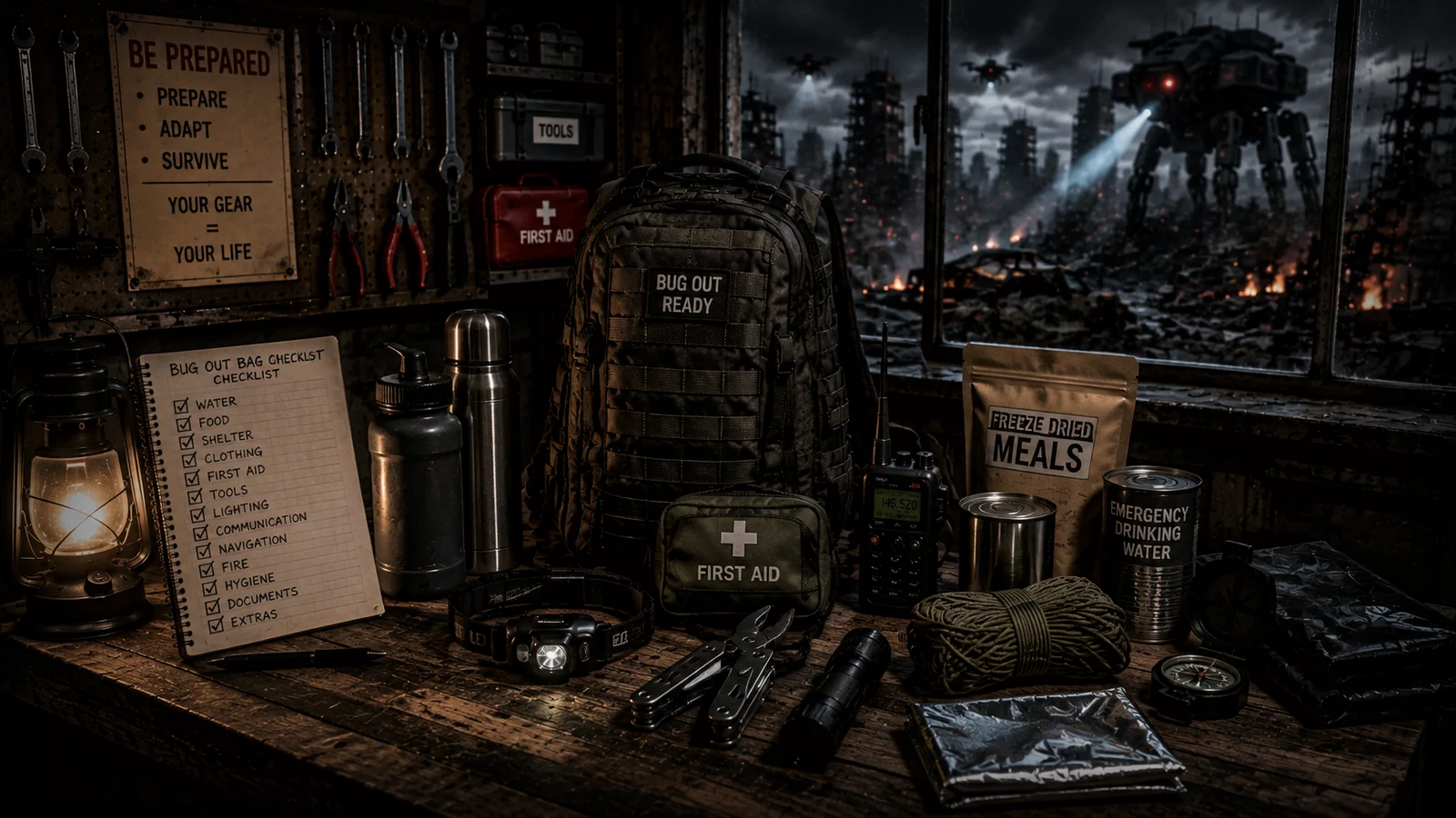 Emergency electrical equipment, radios and lighting prepared in a dark workshop while autonomous machines patrol outside