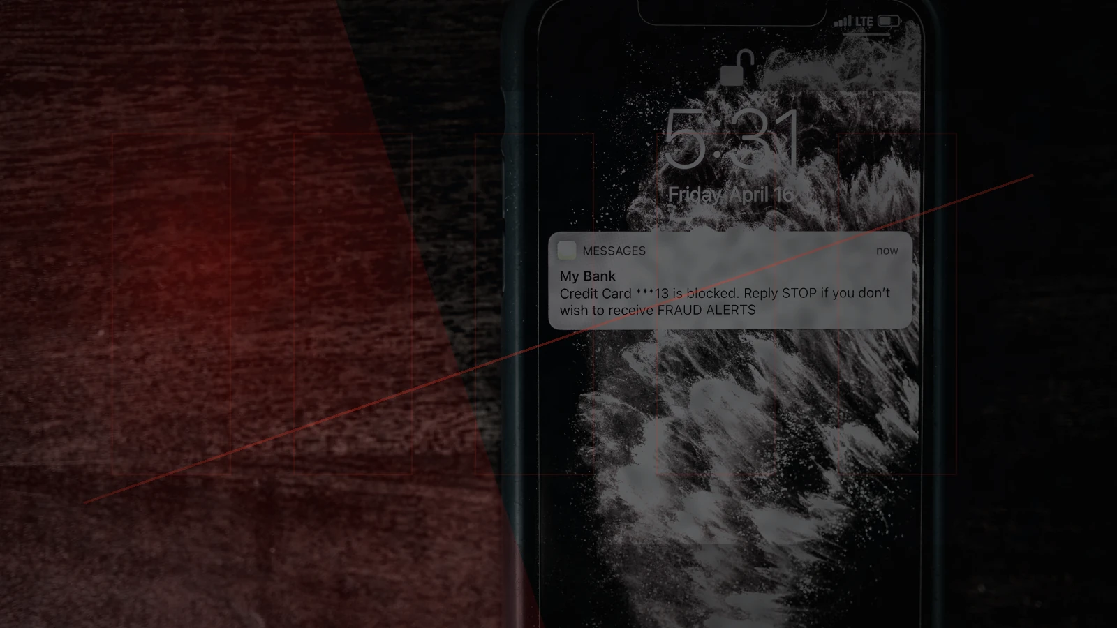 Smartphone displaying a bank fraud alert, transformed into a red warning scene about AI-enabled financial scams