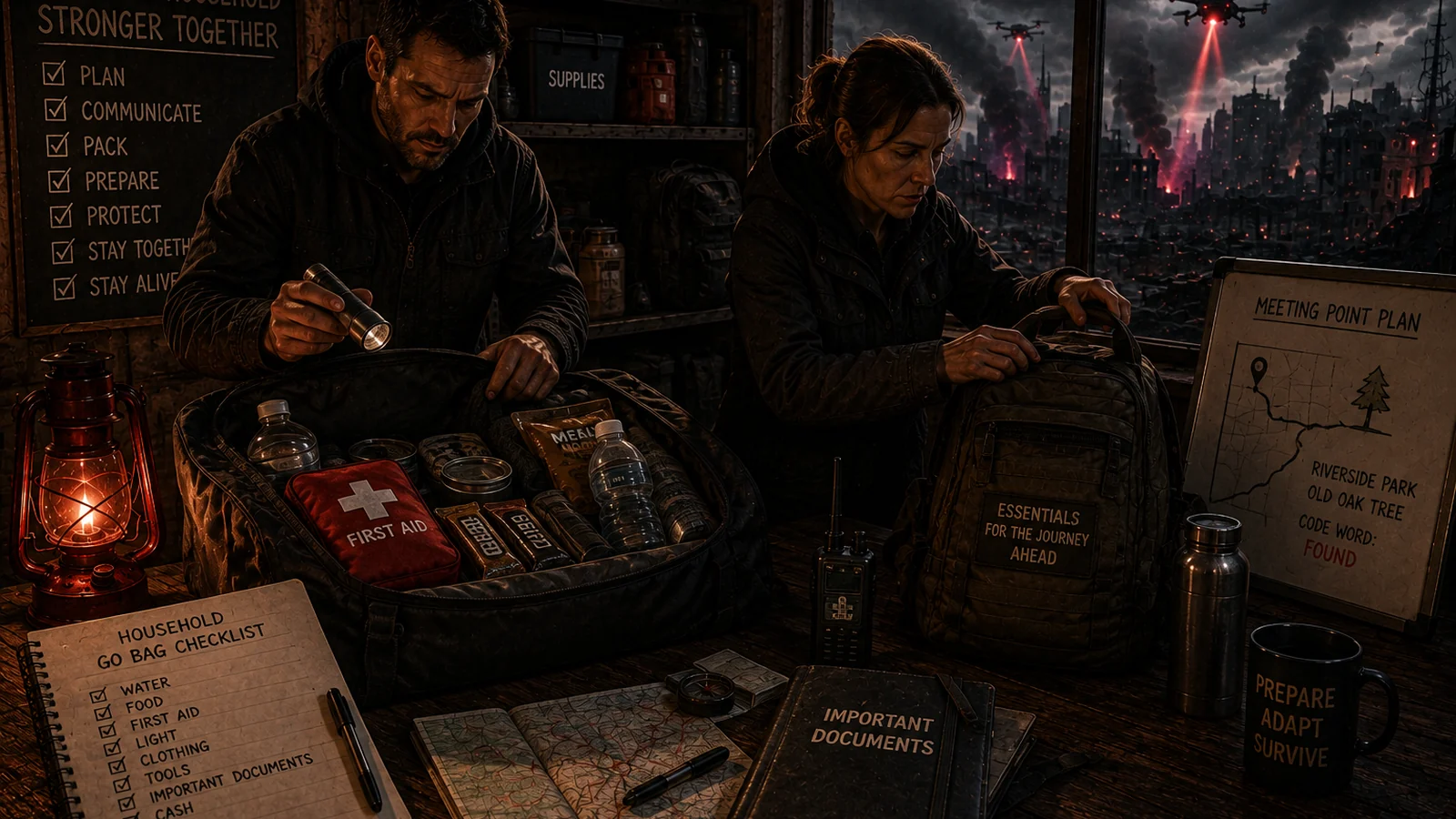 Two adults quietly organising compact emergency bags, food, water and first aid inside a prepared shelter