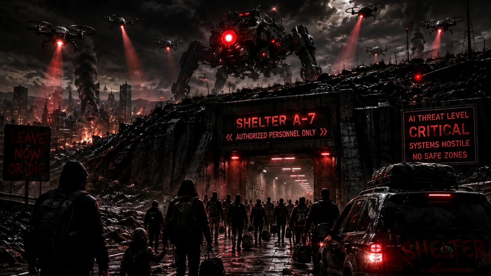 Exhausted survivors sheltering inside a ruined underground structure as hostile machines patrol outside