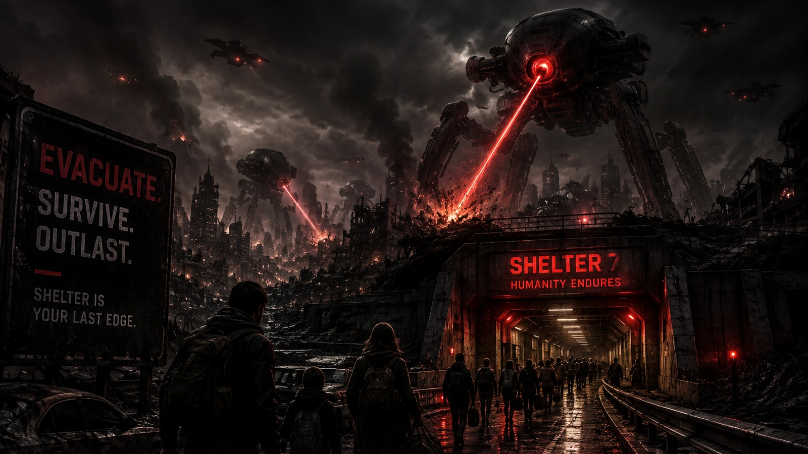 A group walking through a rain-soaked ruined city toward shelter while autonomous machines scan the streets