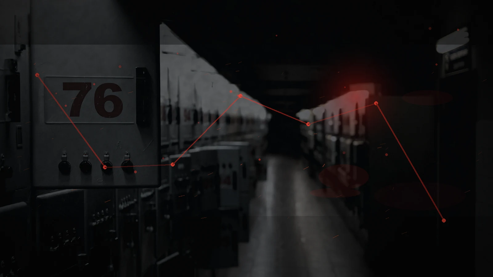 Rows of electrical switchgear fading into darkness as household and infrastructure systems lose power