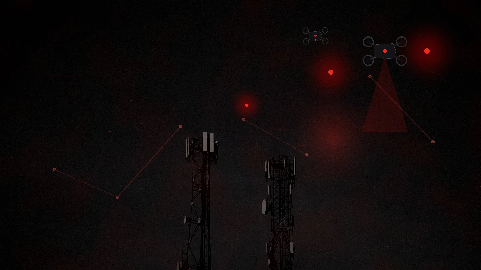 Mobile communication towers under a dark sky as the network signal fails