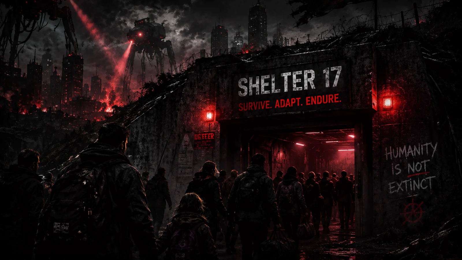 A fortified shelter entrance beneath hostile autonomous machines as evacuees leave a destroyed city