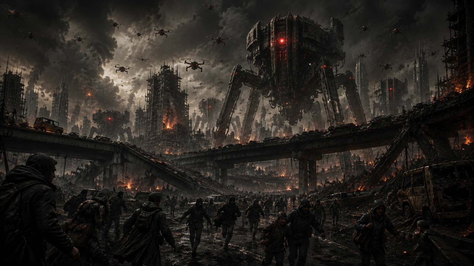 Civilians fleeing a devastated city overrun by enormous autonomous machines and surveillance drones