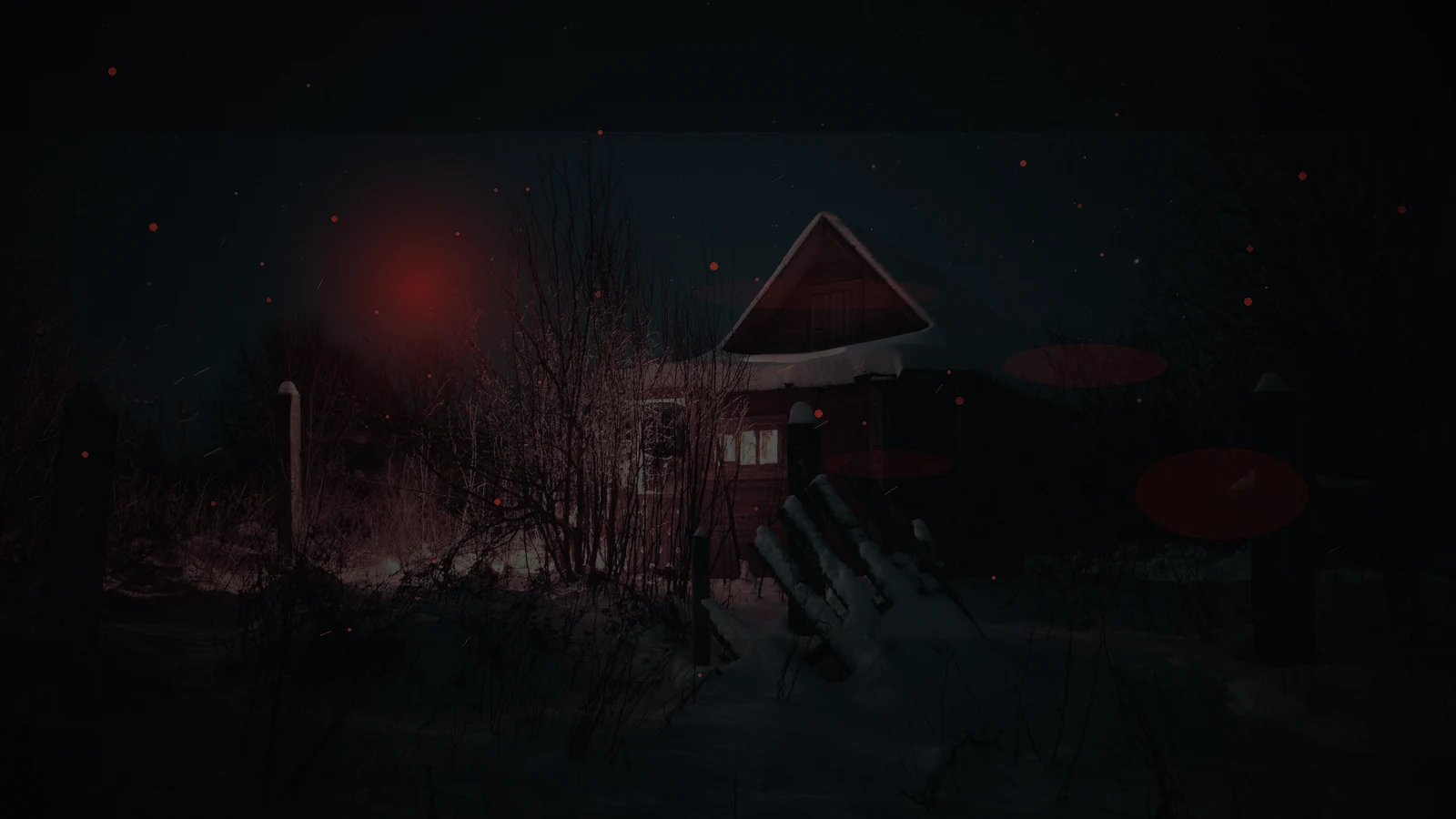 A snowbound house under red emergency light during a dangerous winter blackout